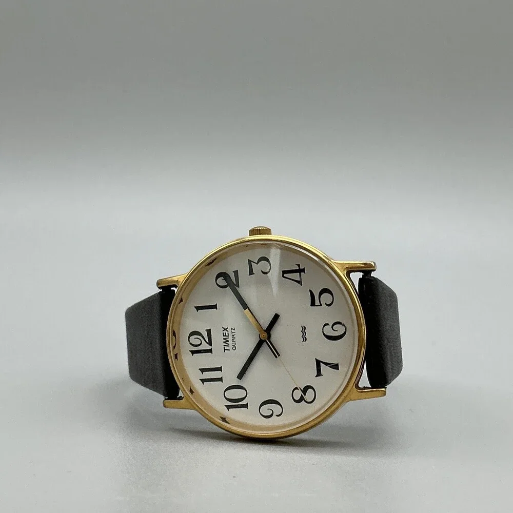 Vintage Timex Mens Watch 32mm White Dial Gold Tone Black Leather New Battery